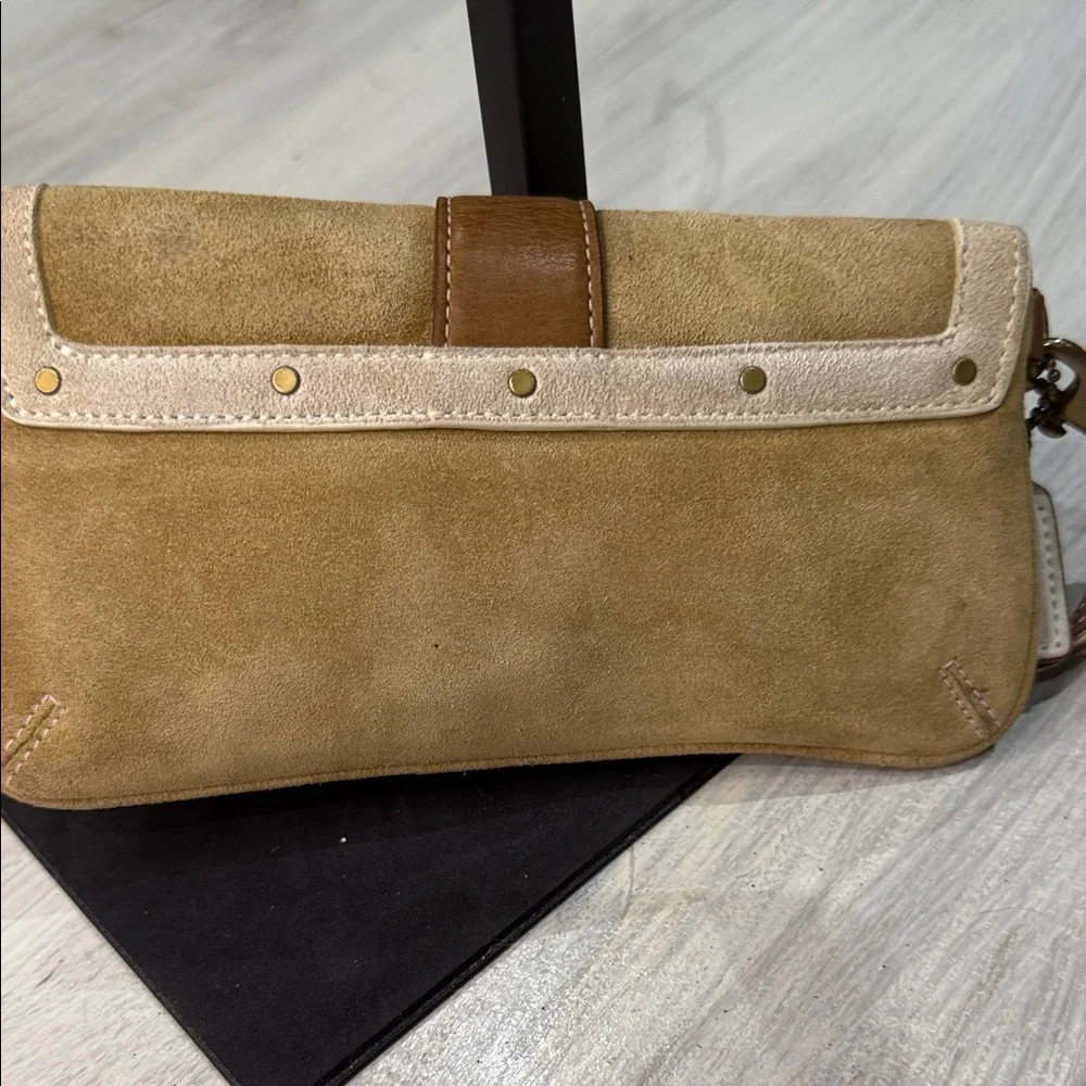 Vintage Coach Legacy Tan and Brown Suede Wristlet with Gold Hardware